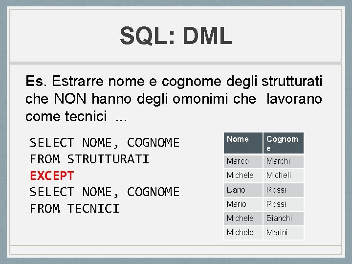 SQL: DML Es. Estrarre nome e cognome degli strutturati che NON hanno degli omonimi SQL: DML Es. Estrarre nome e cognome degli strutturati che NON hanno degli omonimi