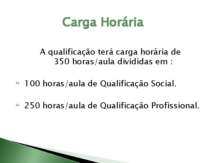 Carga Horária A qualificação terá carga horária de 350 horas/aula divididas em : 100