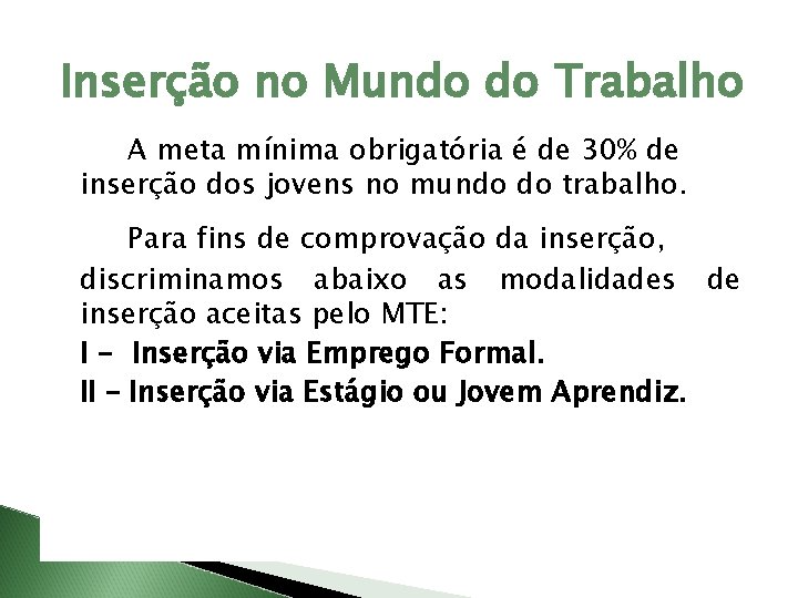 Inserção no Mundo do Trabalho A meta mínima obrigatória é de 30% de inserção