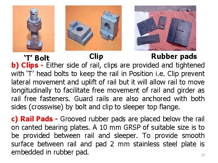 Clip Rubber pads ‘T’ Bolt b) Clips - Either side of rail, clips are