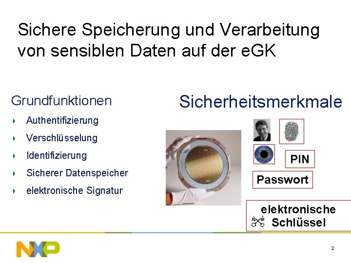 Sichere Speicherung und Verarbeitung von sensiblen Daten auf der e. GK Grundfunktionen Sicherheitsmerkmale Authentifizierung