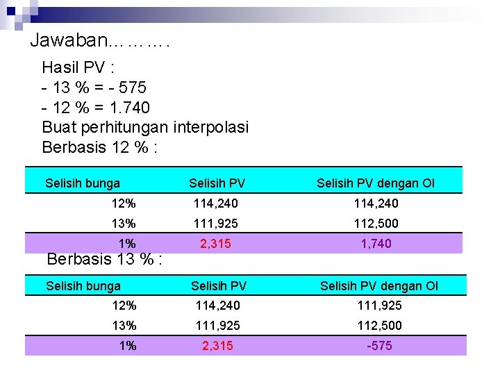 Jawaban………. Hasil PV : - 13 % = - 575 - 12 % =