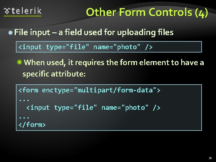 Other Form Controls (4) File input – a field used for uploading files <input