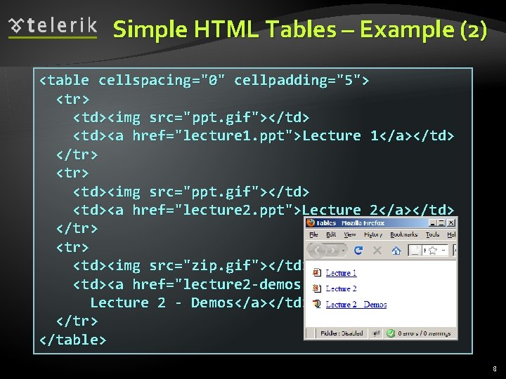 Simple HTML Tables – Example (2) <table cellspacing="0" cellpadding="5"> <tr> <td><img src="ppt. gif"></td> <td><a