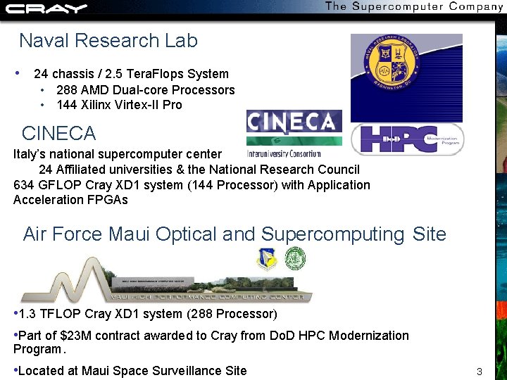 Naval Research Lab • 24 chassis / 2. 5 Tera. Flops System • 288