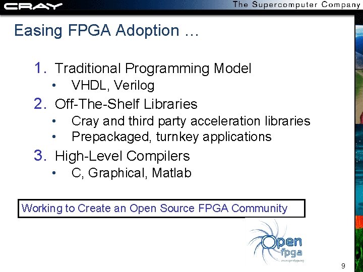 Easing FPGA Adoption … 1. Traditional Programming Model • VHDL, Verilog 2. Off-The-Shelf Libraries