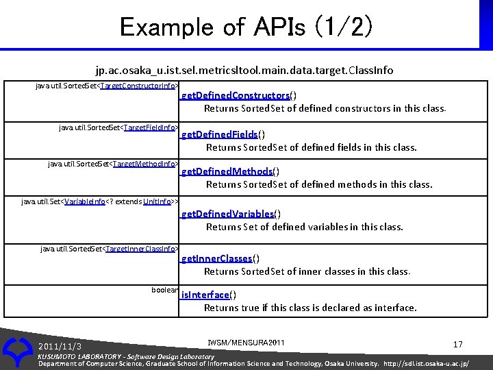Example of APIs (1/2) jp. ac. osaka_u. ist. sel. metricsltool. main. data. target. Class.