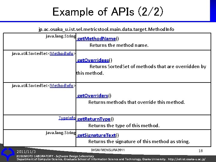 Example of APIs (2/2) jp. ac. osaka_u. ist. sel. metricstool. main. data. target. Method.