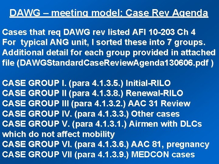 DAWG – meeting model: Case Rev Agenda Cases that req DAWG rev listed AFI