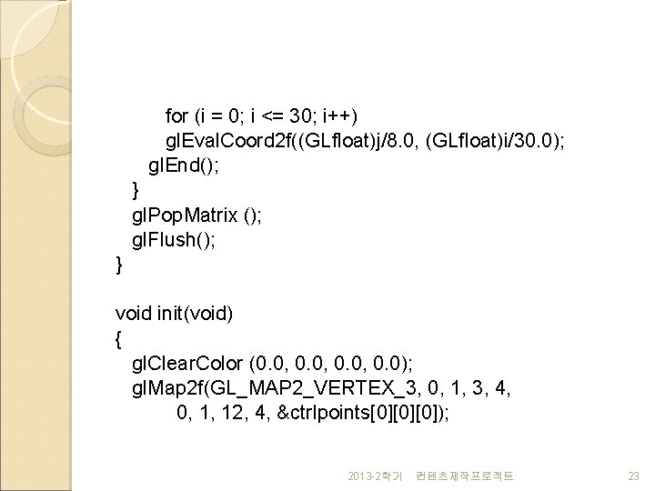 for (i = 0; i <= 30; i++) gl. Eval. Coord 2 f((GLfloat)j/8. 0,