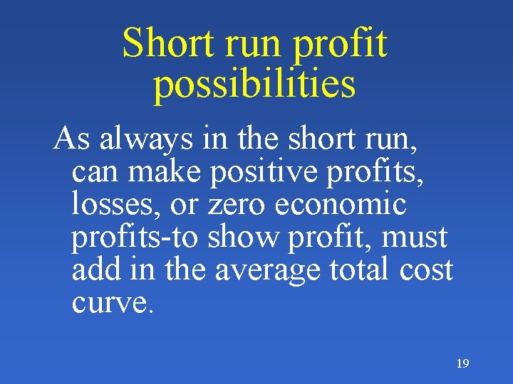 Short run profit possibilities As always in the short run, can make positive profits,