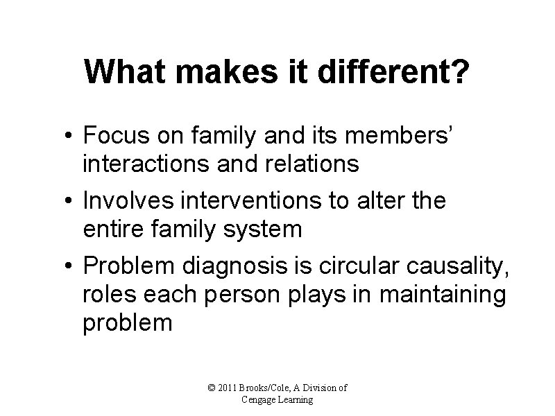 What makes it different? • Focus on family and its members’ interactions and relations