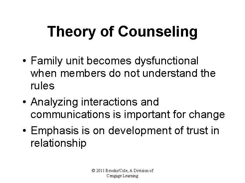 Theory of Counseling • Family unit becomes dysfunctional when members do not understand the