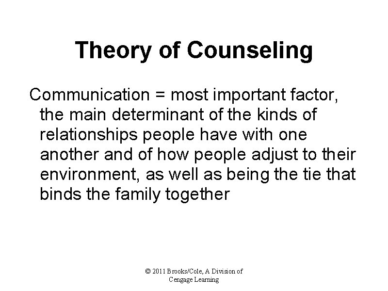 Theory of Counseling Communication = most important factor, the main determinant of the kinds