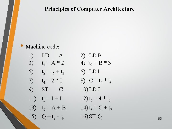 Principles of Computer Architecture • Machine code: 1) 3) 5) LD A t 1