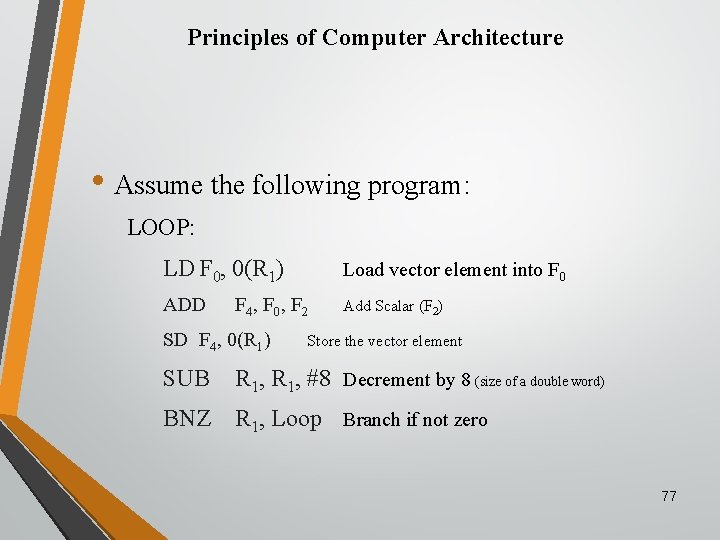 Principles of Computer Architecture • Assume the following program: LOOP: LD F 0, 0(R