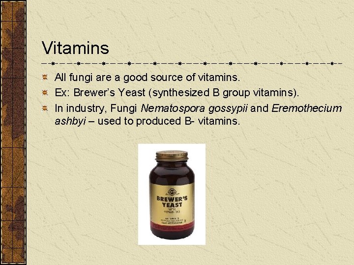 Vitamins All fungi are a good source of vitamins. Ex: Brewer’s Yeast (synthesized B