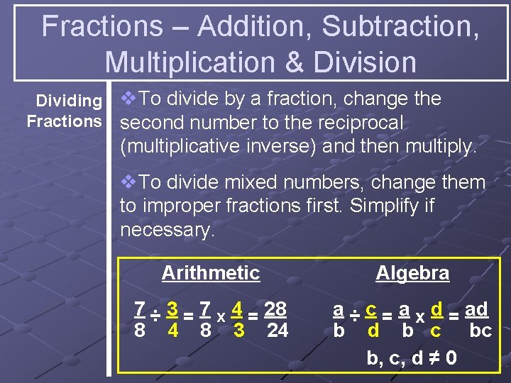 Fractions – Addition, Subtraction, Multiplication & Division Dividing v. To divide by a fraction,