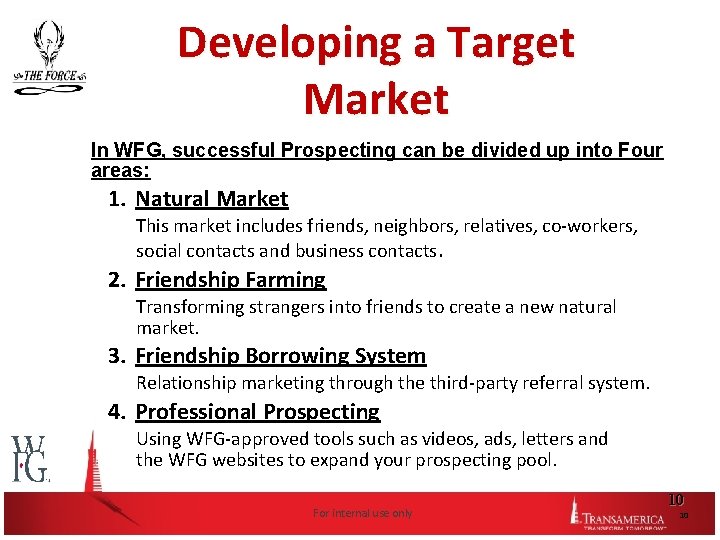 Developing a Target Market In WFG, successful Prospecting can be divided up into Four