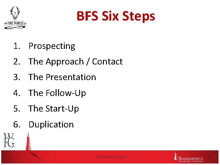 BFS Six Steps 1. Prospecting 2. The Approach / Contact 3. The Presentation 4.