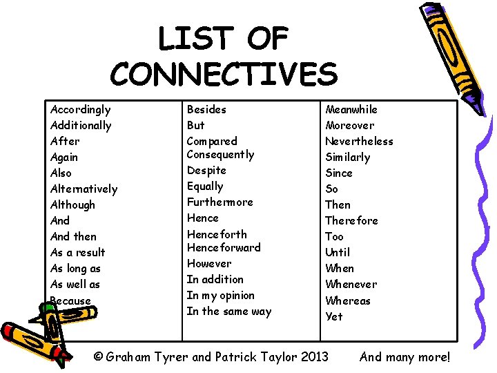 LIST OF CONNECTIVES Accordingly Additionally After Again Also Alternatively Although And then As a