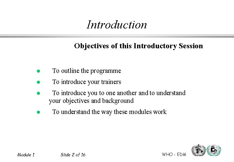 Introduction Objectives of this Introductory Session l To outline the programme l To introduce