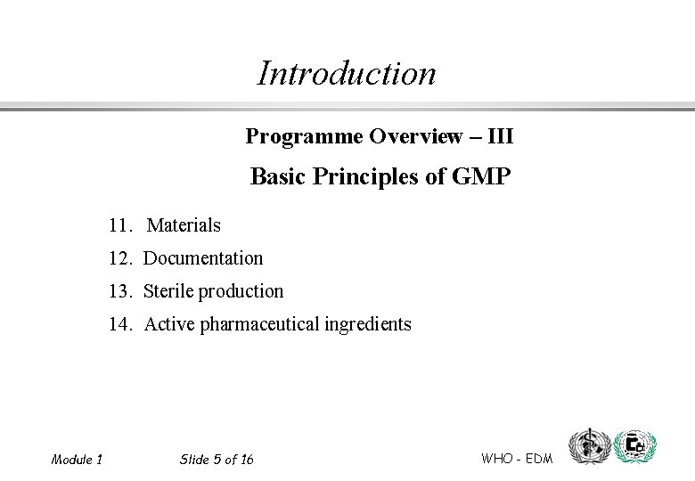 Introduction Programme Overview – III Basic Principles of GMP 11. Materials 12. Documentation 13.