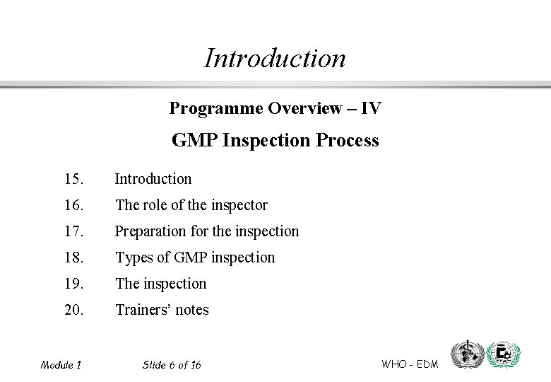 Introduction Programme Overview – IV GMP Inspection Process 15. Introduction 16. The role of