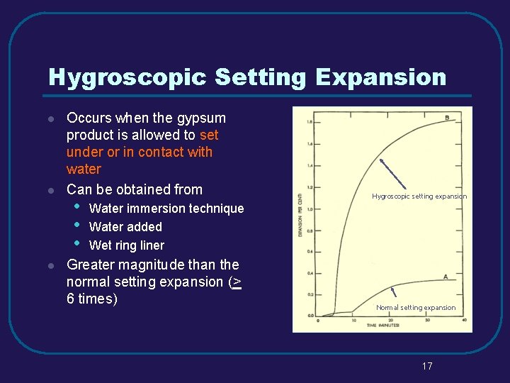 Hygroscopic Setting Expansion l l l Occurs when the gypsum product is allowed to