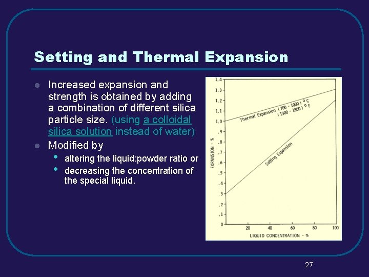 Setting and Thermal Expansion l l Increased expansion and strength is obtained by adding