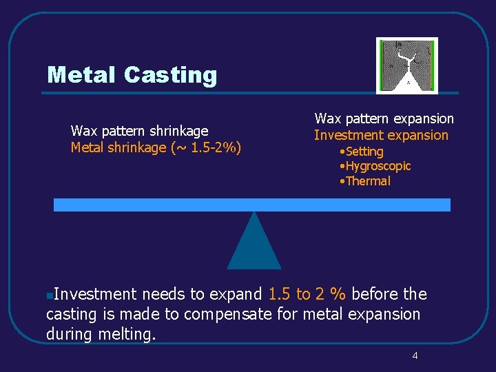 Metal Casting Wax pattern shrinkage Metal shrinkage (~ 1. 5 -2%) Wax pattern expansion