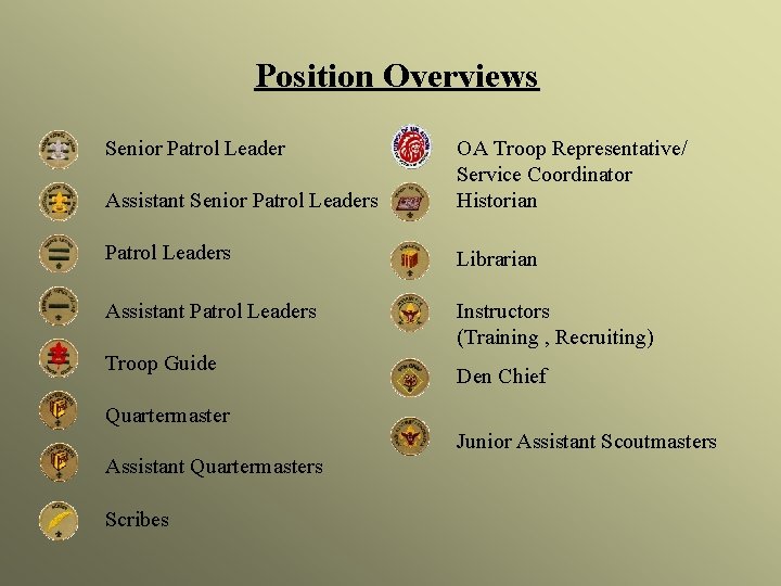 Position Overviews Senior Patrol Leader Assistant Senior Patrol Leaders OA Troop Representative/ Service Coordinator