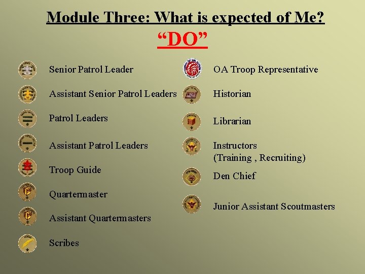 Module Three: What is expected of Me? “DO” Senior Patrol Leader OA Troop Representative