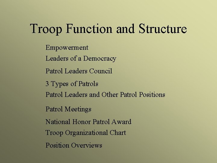 Troop Function and Structure Empowerment Leaders of a Democracy Patrol Leaders Council 3 Types