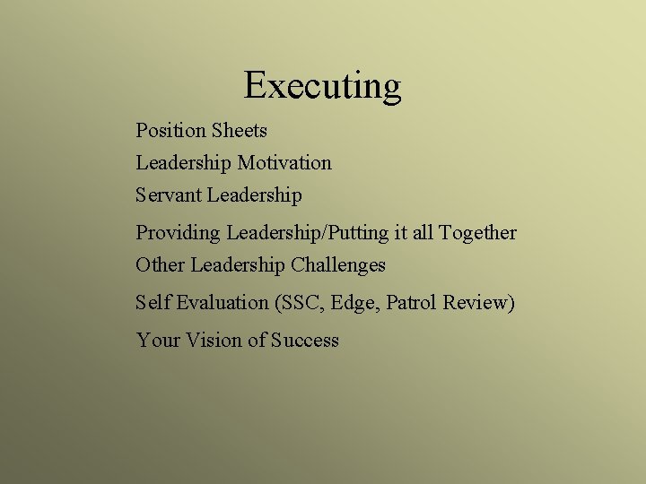 Executing Position Sheets Leadership Motivation Servant Leadership Providing Leadership/Putting it all Together Other Leadership