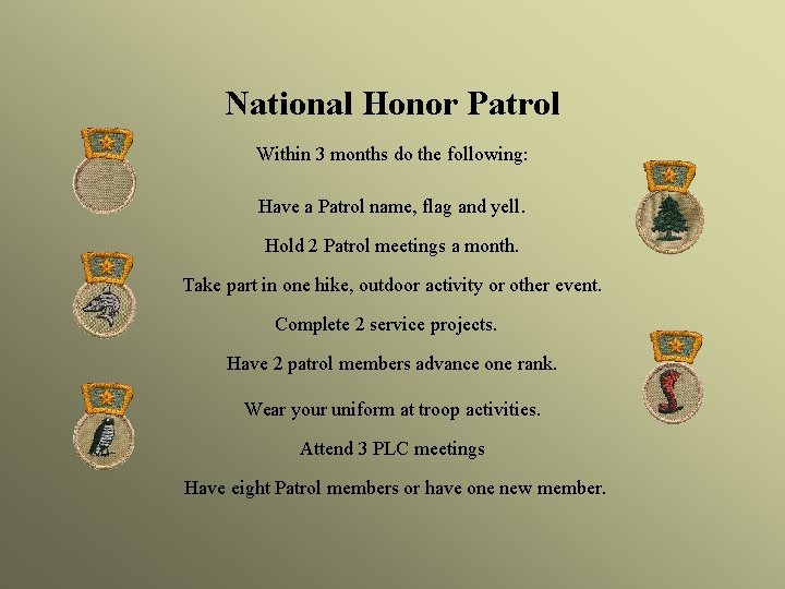 National Honor Patrol Within 3 months do the following: Have a Patrol name, flag