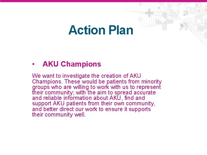 Action Plan • AKU Champions We want to investigate the creation of AKU Champions.