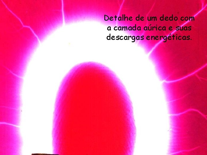 Detalhe de um dedo com a camada aúrica e suas descargas energéticas. 