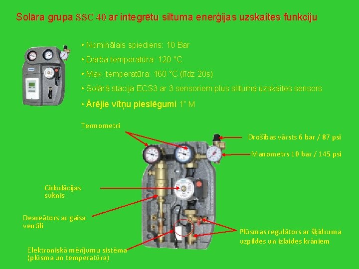 Solāra grupa SSC 40 ar integrētu siltuma enerģijas uzskaites funkciju • Nominālais spiediens: 10