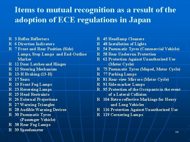 Items to mutual recognition as a result of the adoption of ECE regulations in