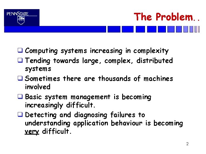 The Problem. . Computing systems increasing in complexity Tending towards large, complex, distributed systems