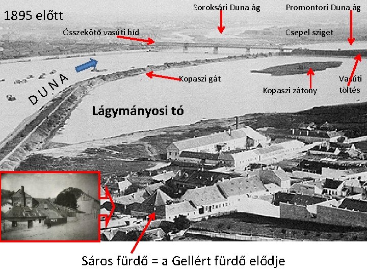Soroksári Duna ág 1895 előtt Promontori Duna ág Összekötő vasúti híd D U N Soroksári Duna ág 1895 előtt Promontori Duna ág Összekötő vasúti híd D U N
