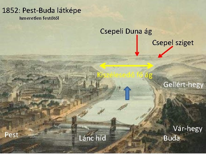 1852: Pest-Buda látképe Ismeretlen festőtől Csepeli Duna ág Csepel sziget Kiszélesedő fő ág Pest 1852: Pest-Buda látképe Ismeretlen festőtől Csepeli Duna ág Csepel sziget Kiszélesedő fő ág Pest