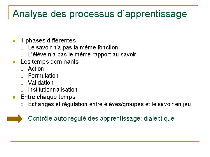 Analyse des processus d’apprentissage n n n 4 phases différentes q Le savoir n’a