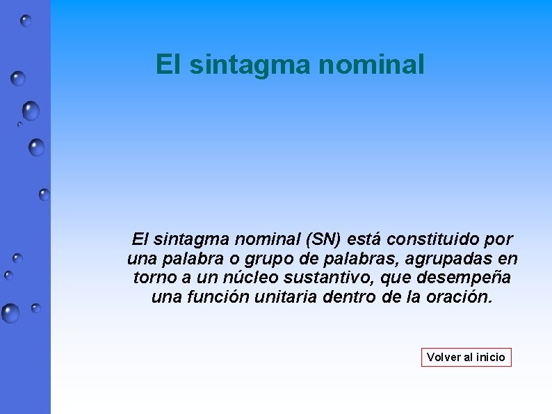 El sintagma nominal (SN) está constituido por una palabra o grupo de palabras, agrupadas