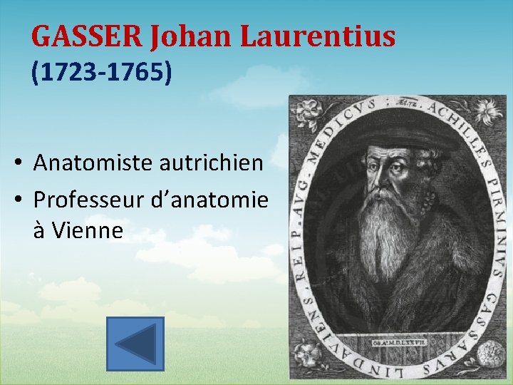 GASSER Johan Laurentius (1723 -1765) • Anatomiste autrichien • Professeur d’anatomie à Vienne 62