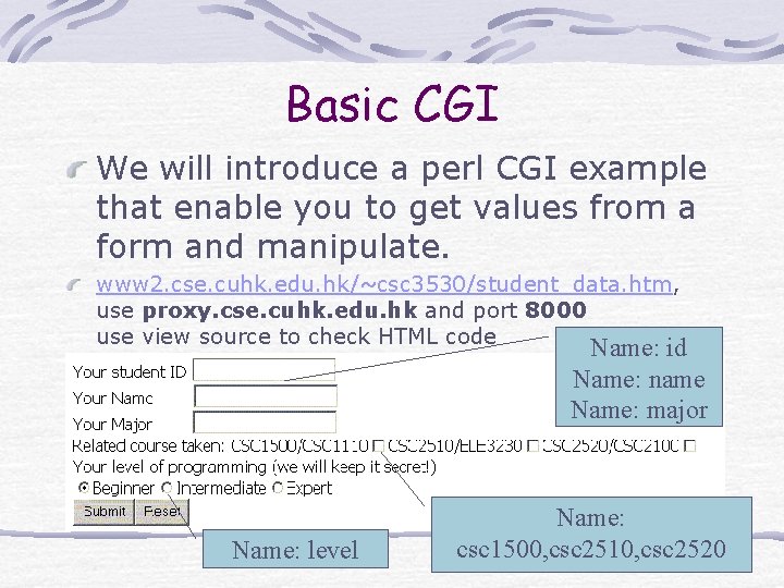 Basic CGI We will introduce a perl CGI example that enable you to get
