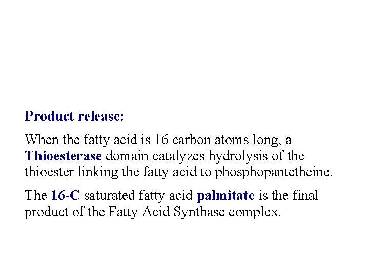 Product release: When the fatty acid is 16 carbon atoms long, a Thioesterase domain