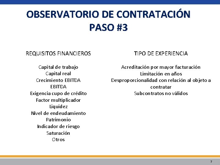 OBSERVATORIO DE CONTRATACIÓN PASO #3 REQUISITOS FINANCIEROS TIPO DE EXPERIENCIA Capital de trabajo Capital