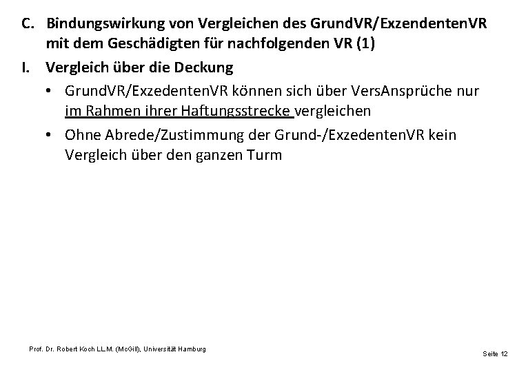 C. Bindungswirkung von Vergleichen des Grund. VR/Exzendenten. VR mit dem Geschädigten für nachfolgenden VR